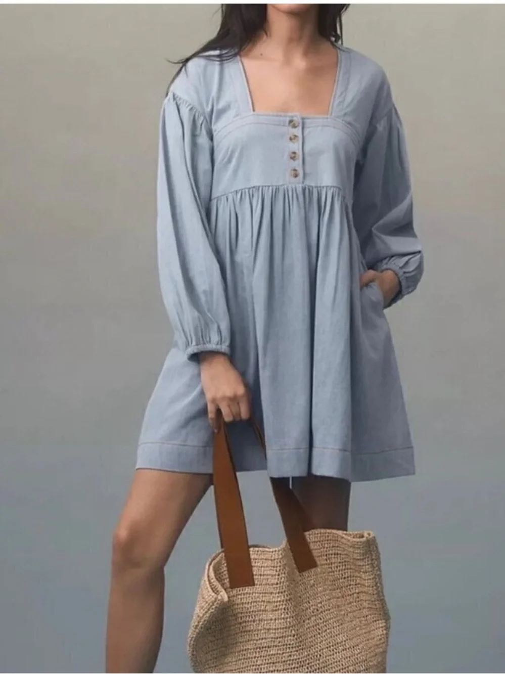 Anthropologie Long-Sleeve Square-Neck Denim Babydoll Mini Dress
